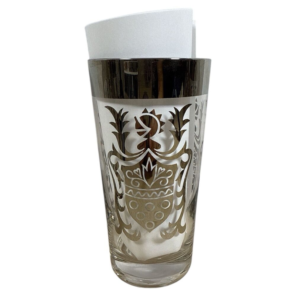 Vintage Kimiko MCM Silver Rim Highball Glasses Knight Shield Set 4 EUC